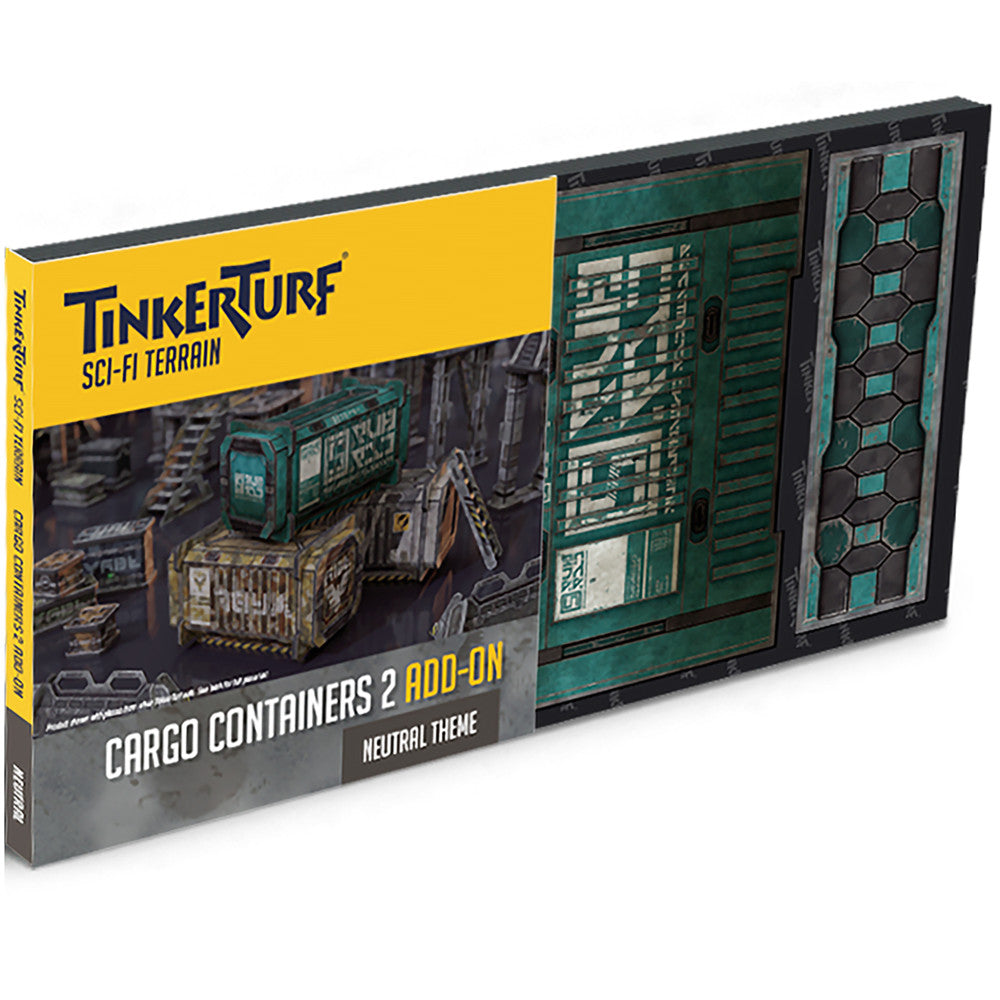 TinkerTurf Sci-Fi Terrain Cargo Containers 2 Add-On set showing packaging with yellow branding and three assembled green and black modular terrain pieces with s