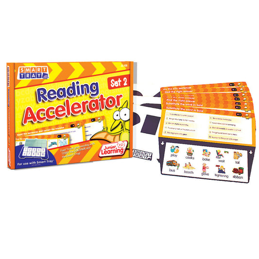 Smart Tray Reading Accelerator Set 2 box and activity cards showing phonics exercises with word and picture matching tiles