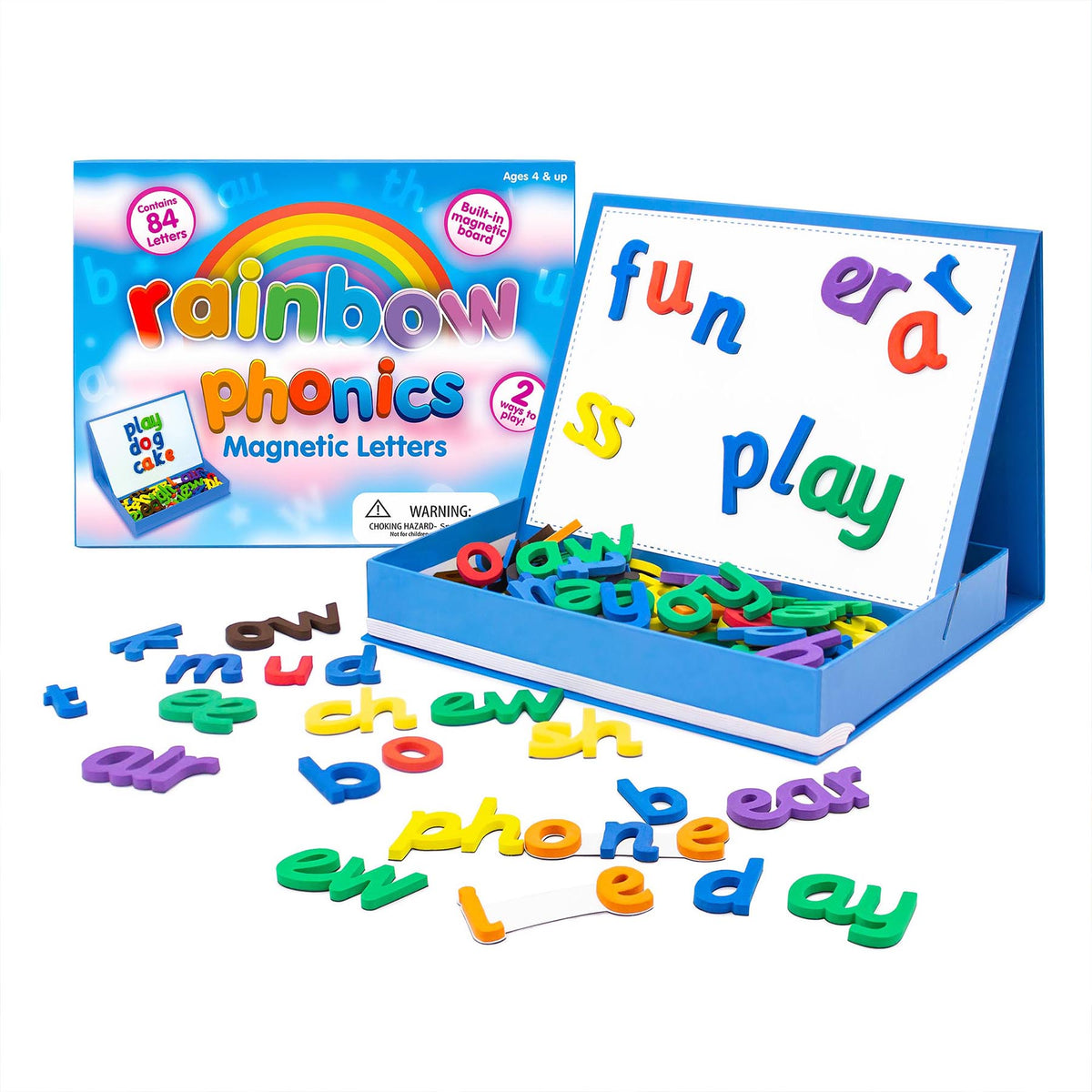 Rainbow Phonics Magnetic Letters set with colorful letter magnets and blue learning board for ages 4+