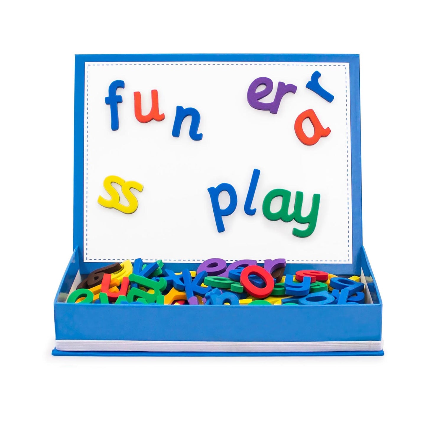 Rainbow Phonics Magnetic Letters 85-Piece Set with blue learning board displaying colorful letters spelling fun words