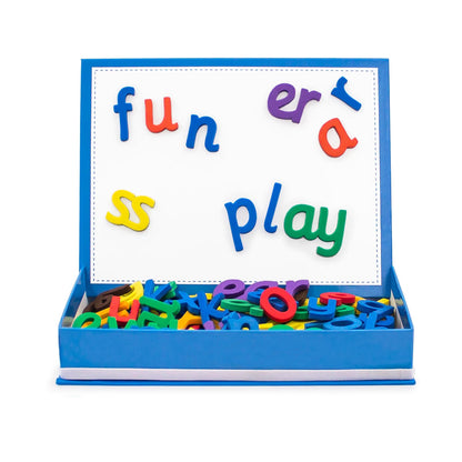 Rainbow Phonics Magnetic Letters 85-Piece Set with blue learning board displaying colorful letters spelling fun words