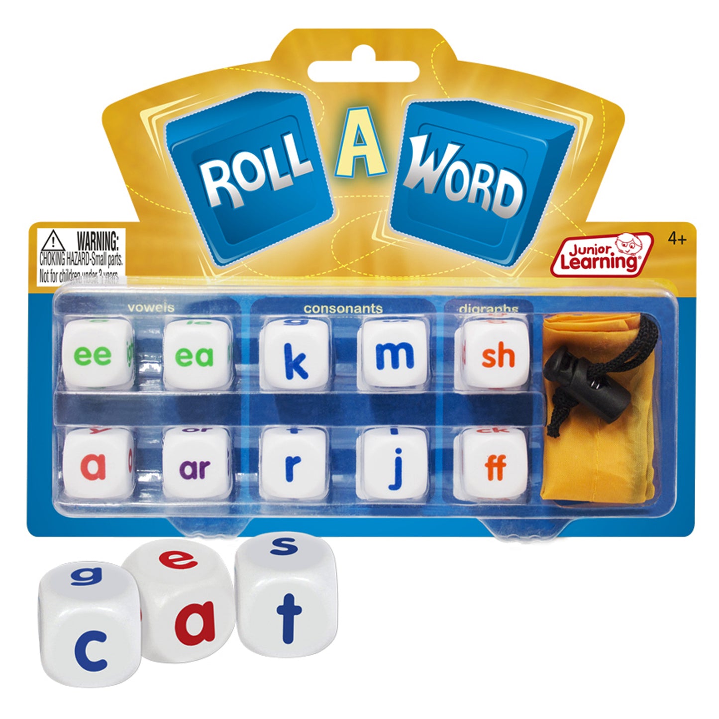 Junior Learning Roll A Word spelling dice game with vowels, consonants, and digraphs cubes in carry sack