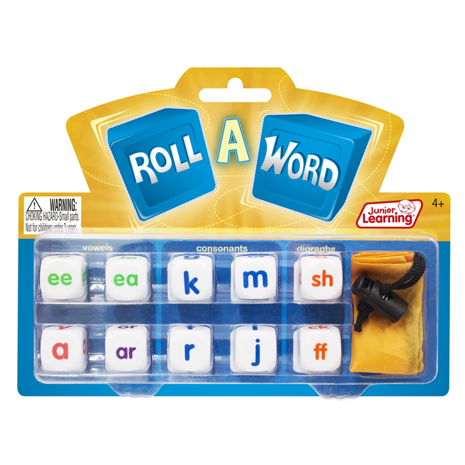 Junior Learning Roll A Word spelling dice game with vowels, consonants, and digraphs cubes in yellow carry sack