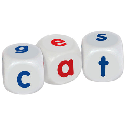 Roll A Word Spelling Dice Game three white dice with blue numbers and red letters in carry sack