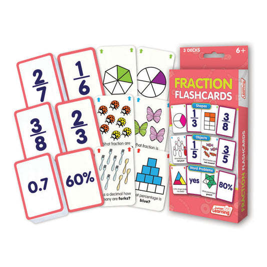 Junior Learning Fraction Flashcards Set with 3 decks showing fraction cards with numbers, pie charts, objects, and word problems for ages 6+