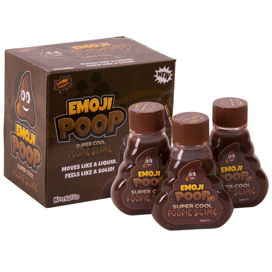 Emoji Poop Super Cool slime pack with brown box and three poop-themed slime bottles, ages 5+