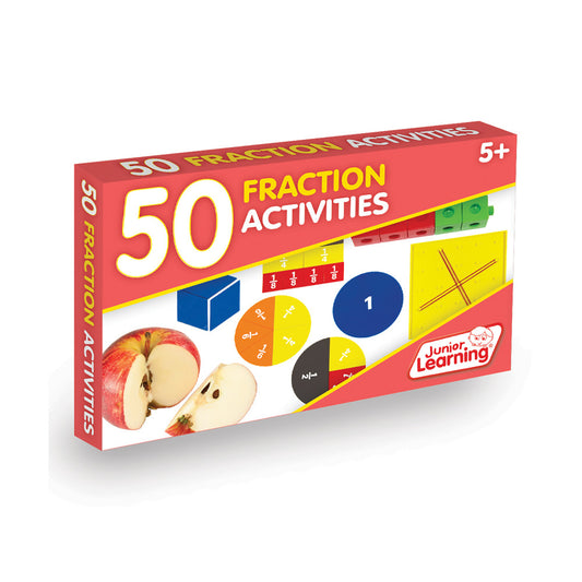 50 Fraction Activities learning box by Junior Learning featuring activity cards, fraction discs, and an apple cut in half, for ages 5+