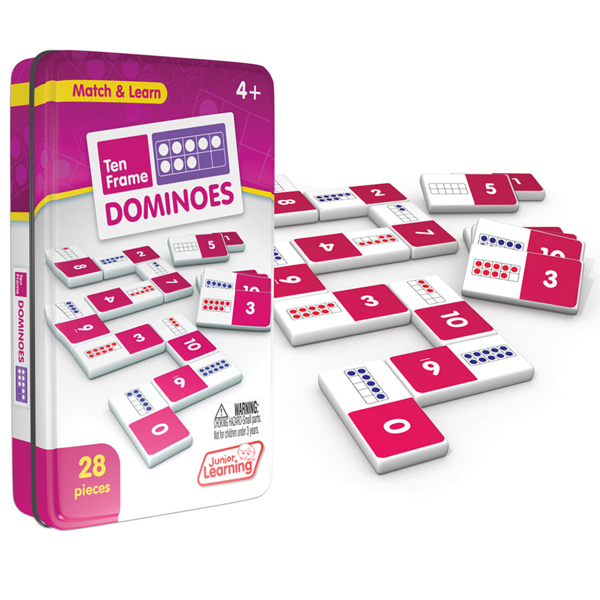 Ten Frame Dominoes 28-piece matching game with red and white tiles in purple collector's tin