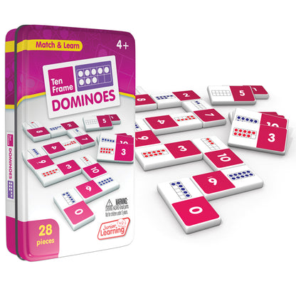Ten Frame Dominoes 28-piece matching game with red and white tiles in purple collector's tin