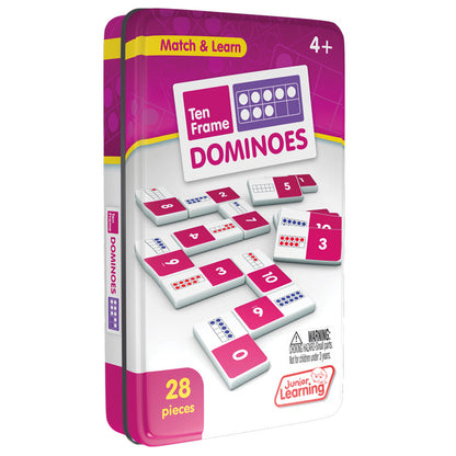 Ten Frame Dominoes 28-piece matching game in pink tin with number tiles and dot patterns for ages 4+