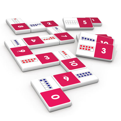 Ten Frames Dominoes 28-piece number matching game with red and white tiles showing numbers 0-10 and dot patterns