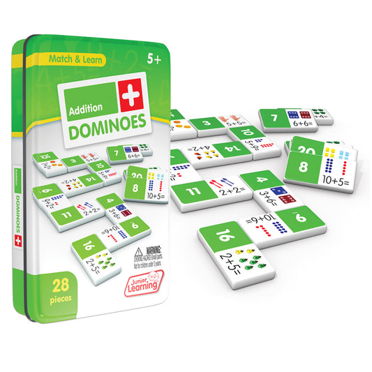 Addition Dominoes 28-piece math game in green tin with colorful number and equation tiles for learning