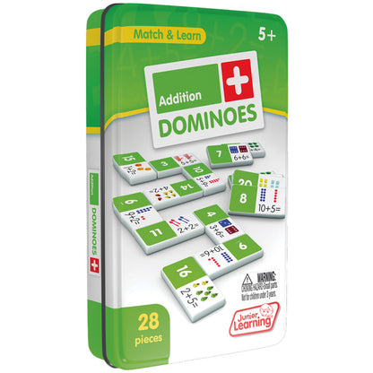 Addition Dominoes 28-piece math game in green collector's tin with colorful domino tiles showing addition problems