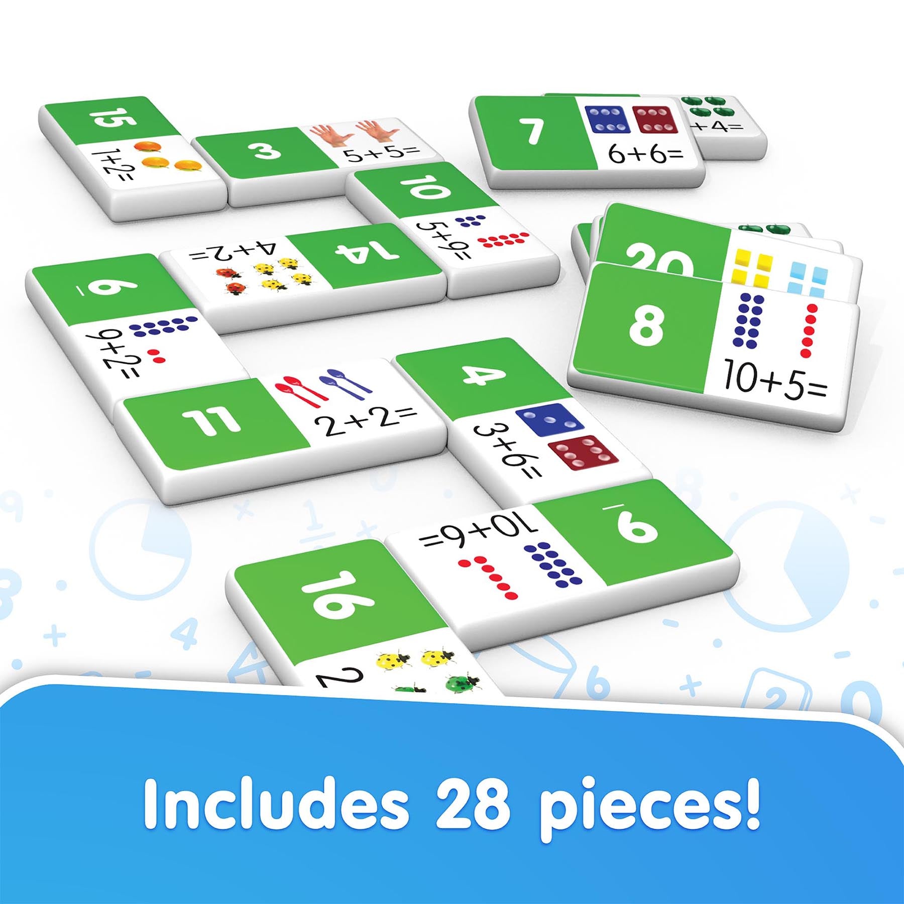 Addition Dominoes 28-Piece Math Game with green and white tiles showing numbers and dot patterns