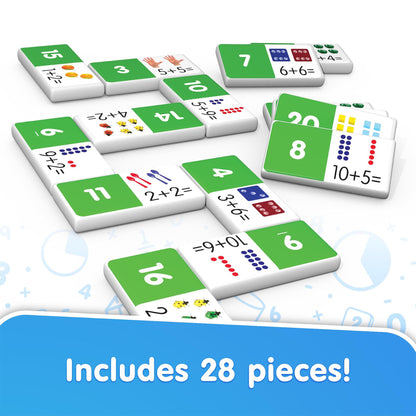 Addition Dominoes 28-Piece Math Game with green and white tiles showing numbers and dot patterns