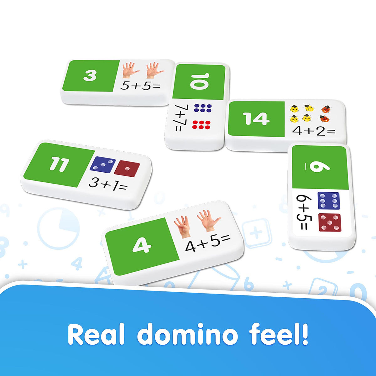 Addition Dominoes 28-Piece Math Game with colorful tiles showing numbers, hands, and dot patterns in green tin