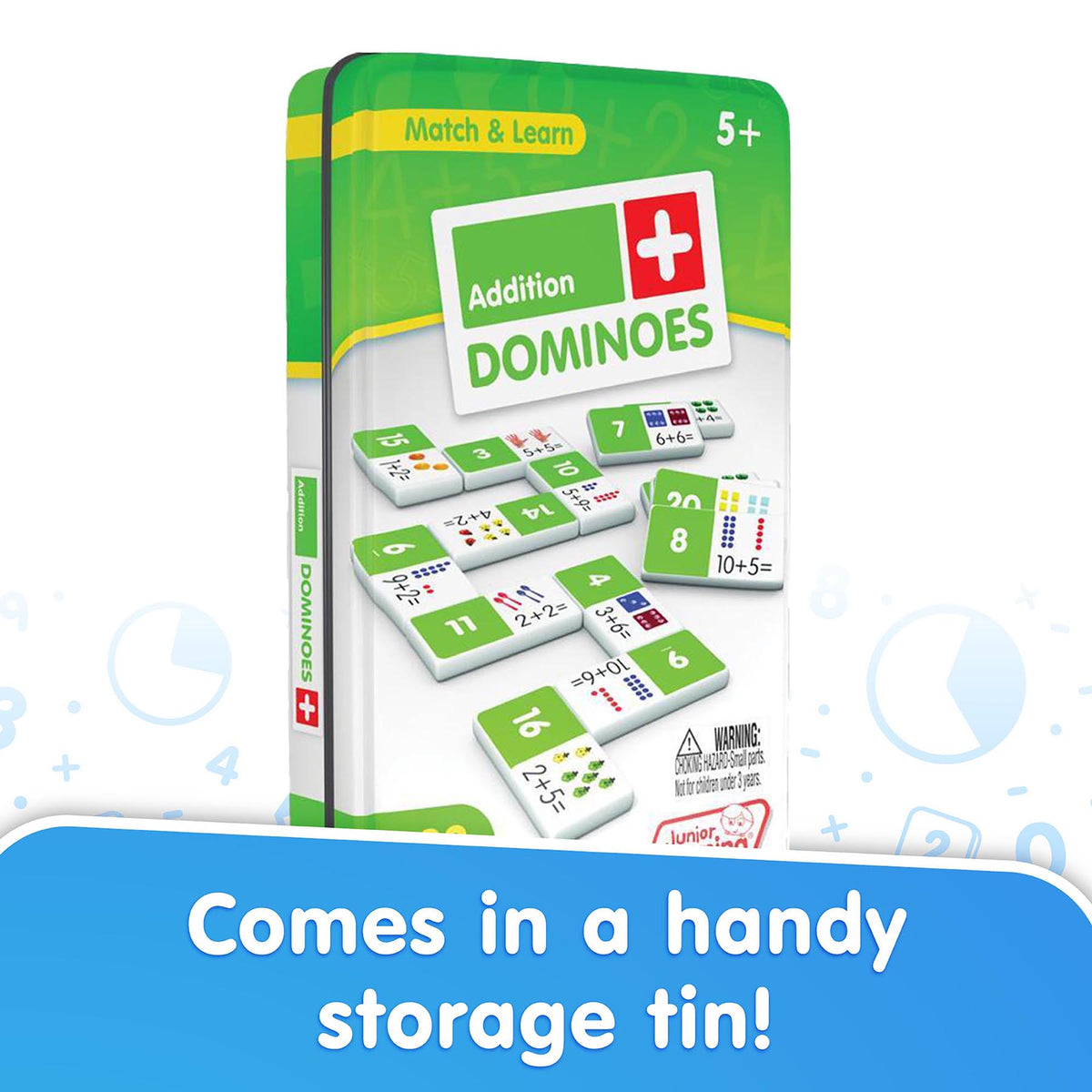 Addition Dominoes 28-Piece Math Game in green storage tin for ages 5+
