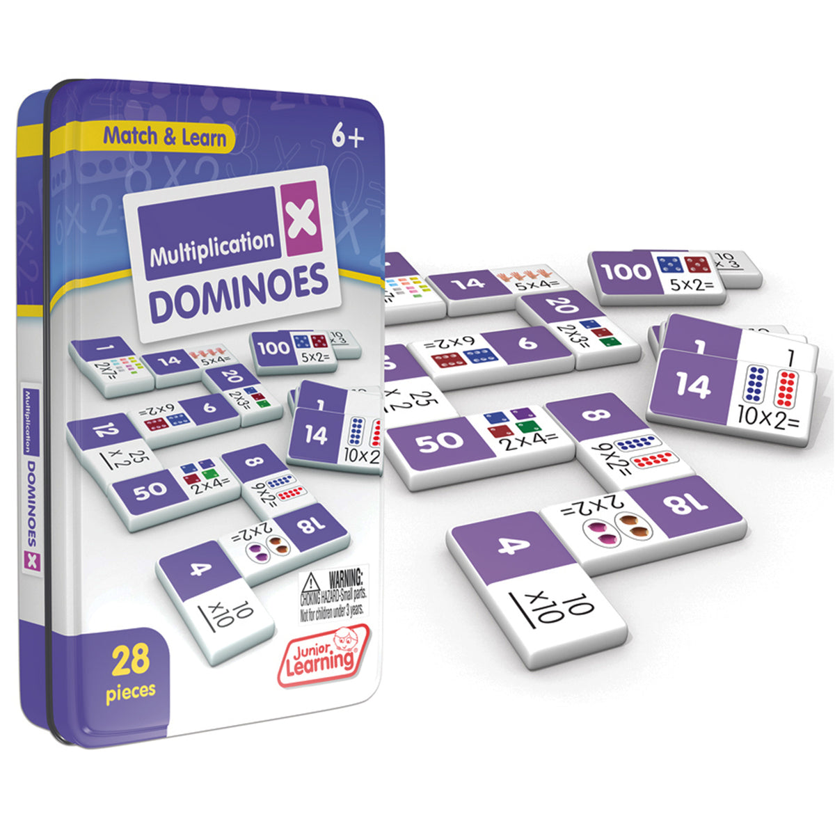 Junior Learning Multiplication Dominoes 28-piece set with purple and white tiles showing math problems and visual dot...