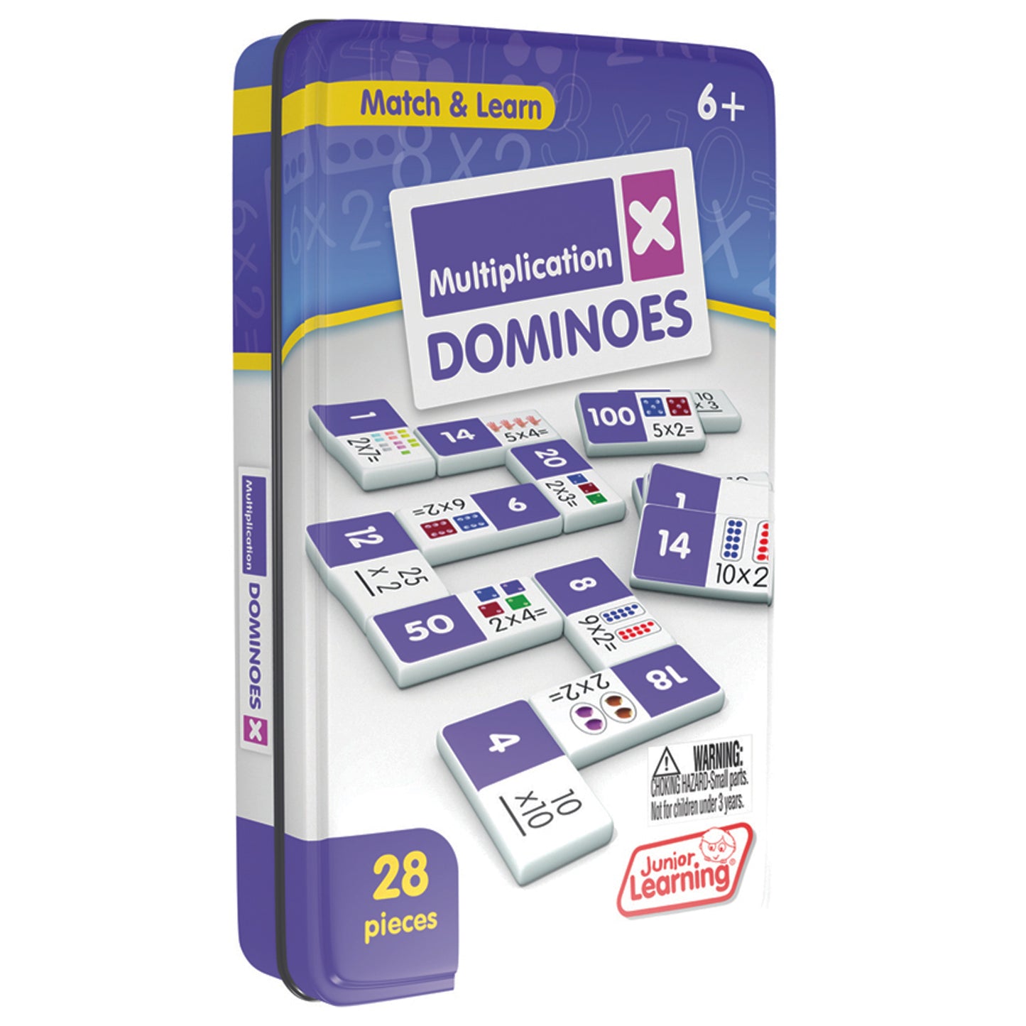 Junior Learning Multiplication Dominoes 28-piece set in purple tin, educational math game for ages 6+