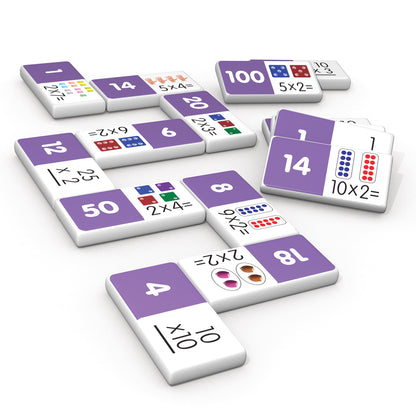 Junior Learning Multiplication Dominoes 28-Piece Set with purple tiles and visual math aids