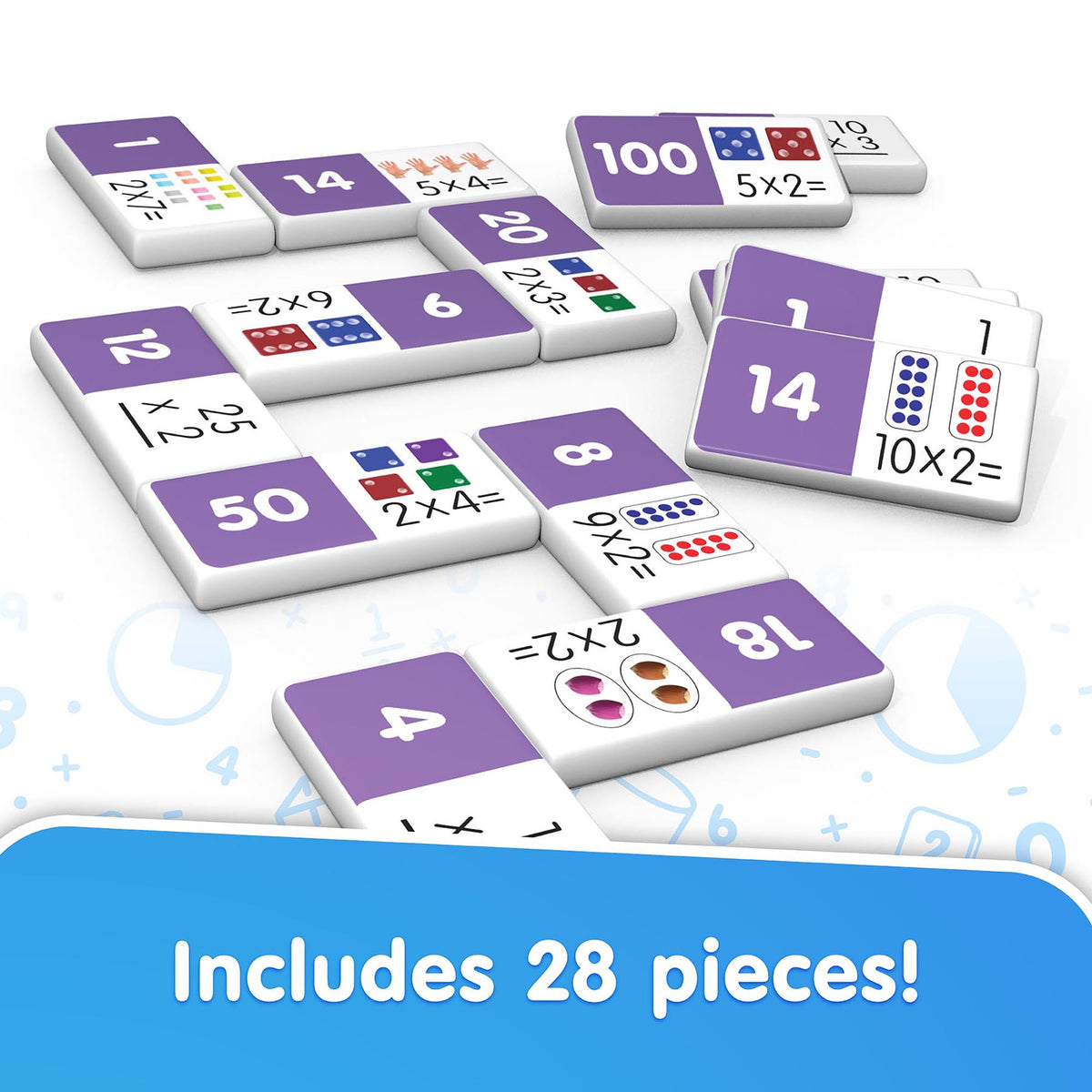 Junior Learning Multiplication Dominoes 28-piece set with purple tiles and math problems