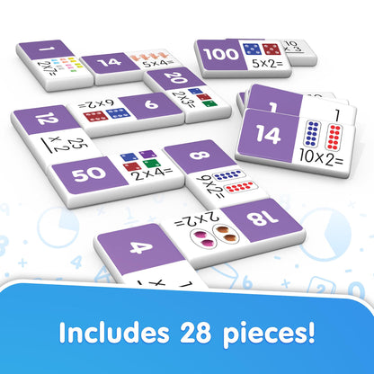 Junior Learning Multiplication Dominoes 28-piece set with purple tiles and math problems
