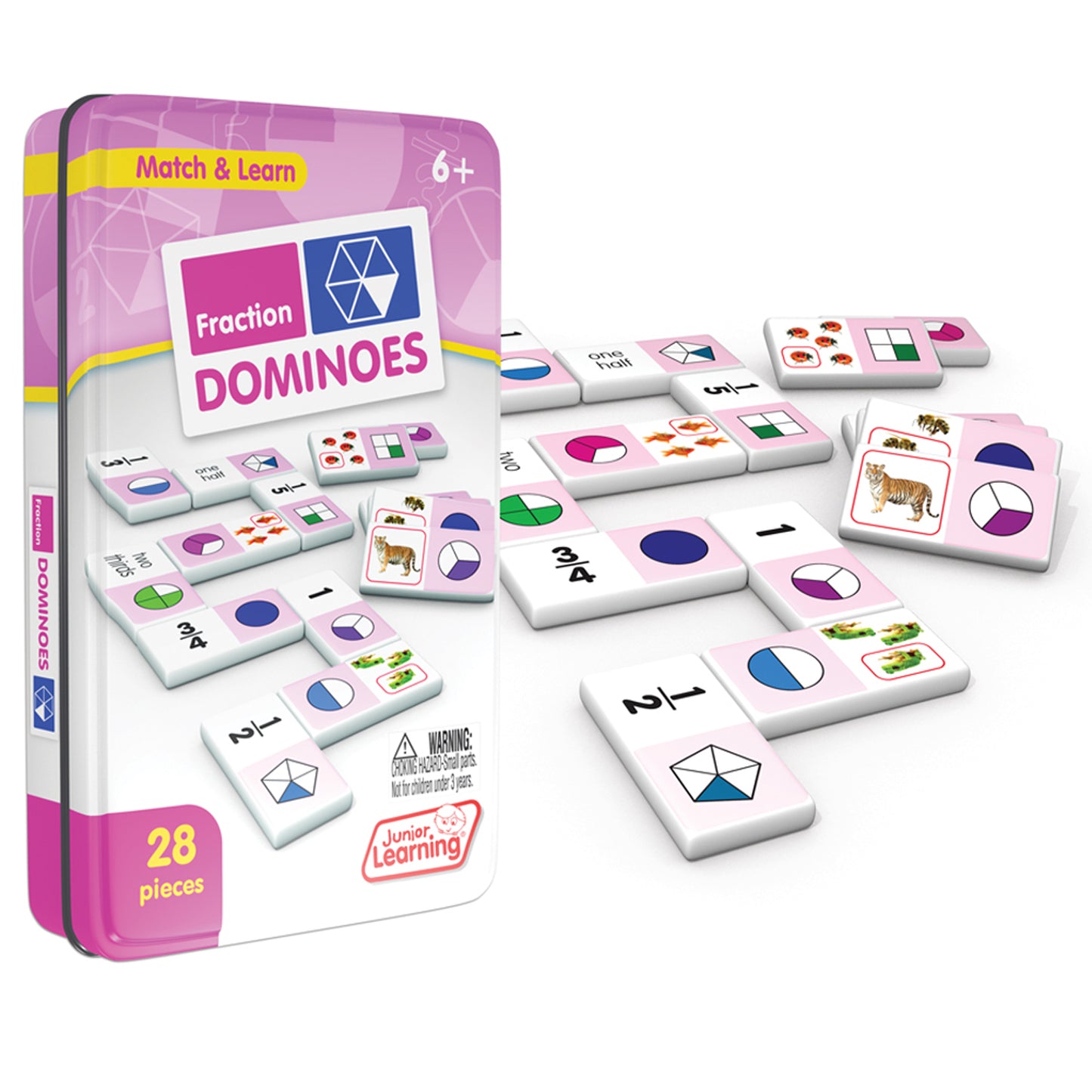 Fraction Dominoes 28-piece matching game in pink tin with pie chart tiles and fraction cards for ages 6+