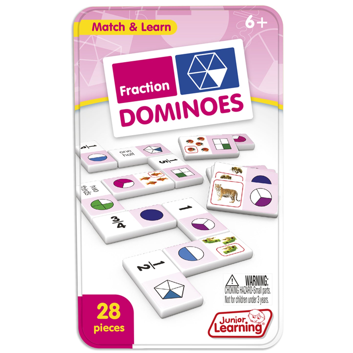 Fraction Dominoes 28-piece matching game with colorful pie chart tiles and collector's tin for ages 6+