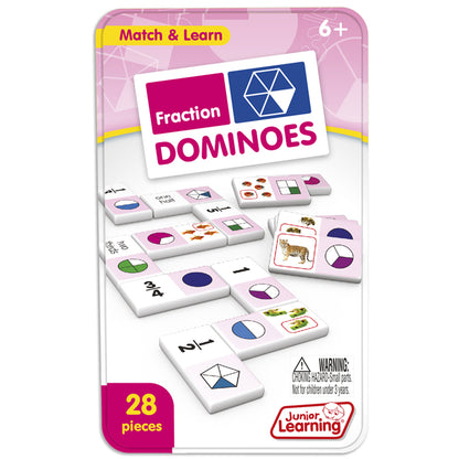 Fraction Dominoes 28-piece matching game with colorful pie chart tiles and collector's tin for ages 6+
