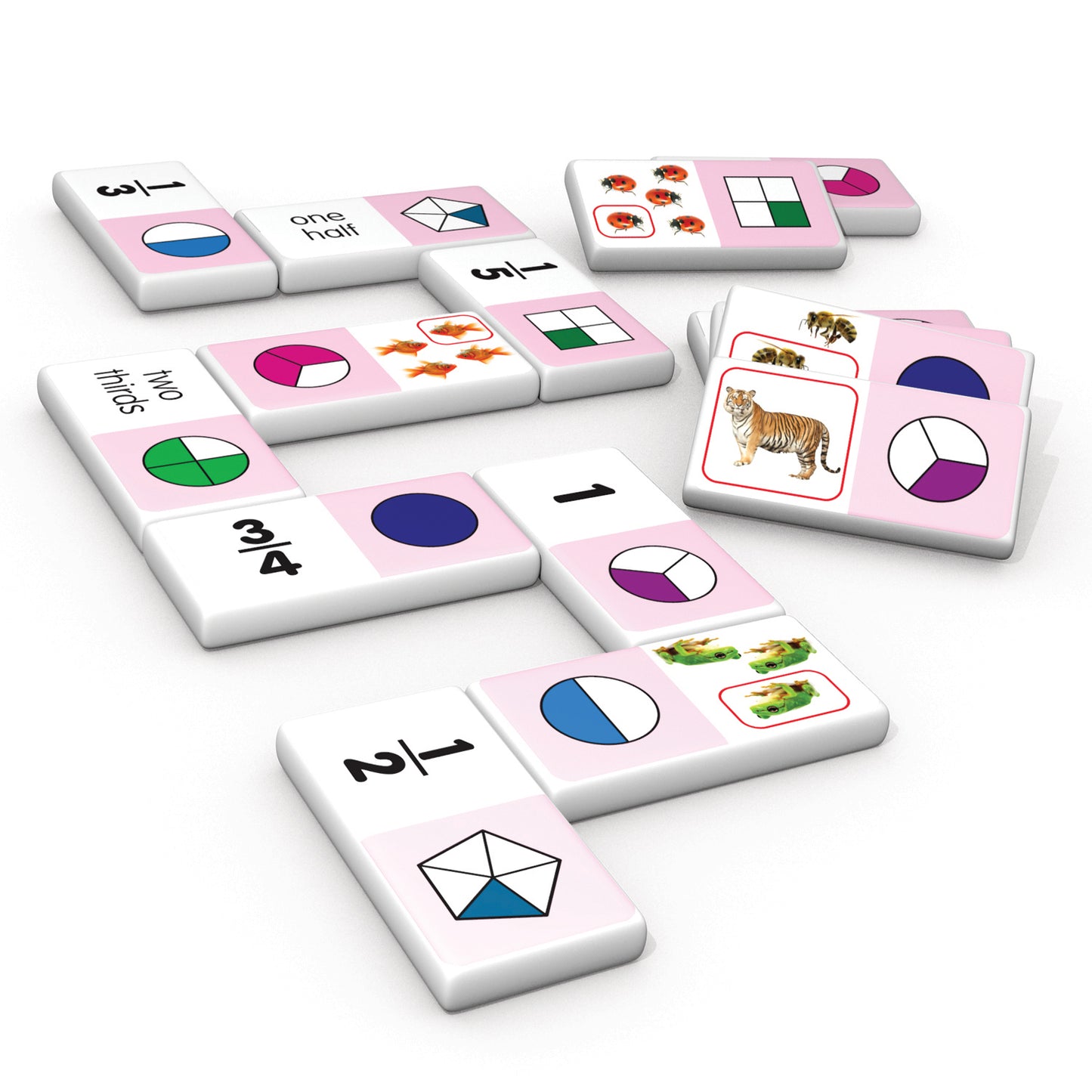 Fraction Dominoes 28-piece matching game with pink tiles showing fractions, pie charts, and images in collector's tin