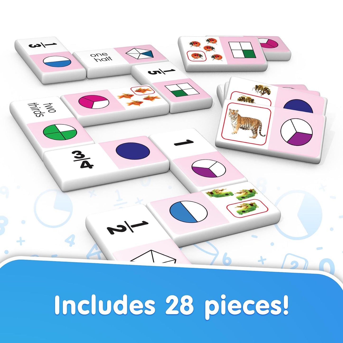 Fraction Dominoes 28-piece matching game with pink tiles showing pie charts, fractions, and objects