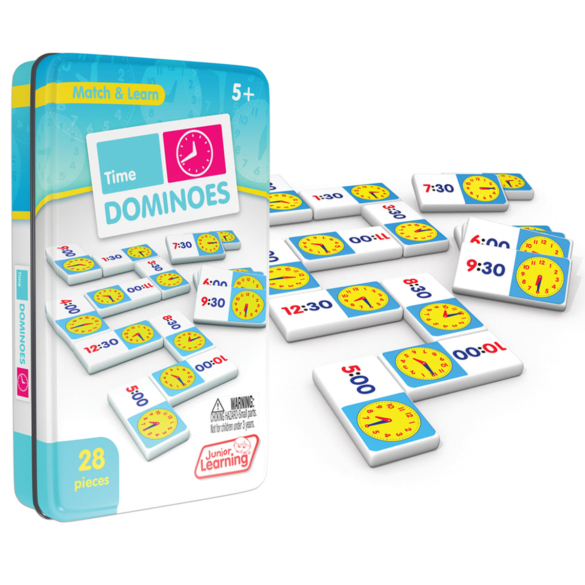 Junior Learning Time Dominoes 28-piece matching game with yellow clocks and digital time displays on white tiles