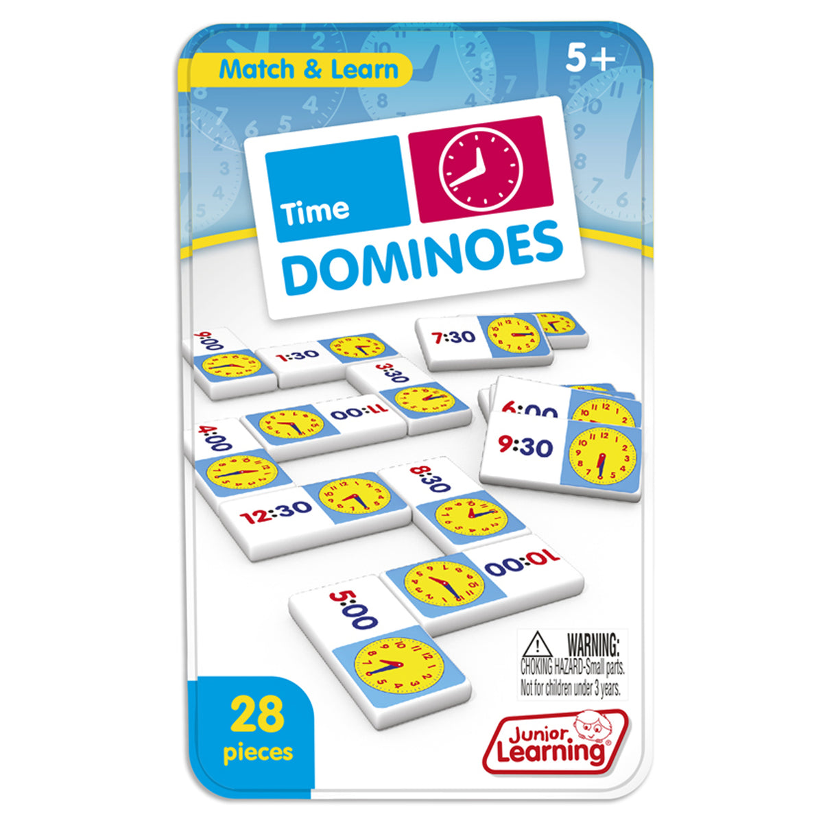 Junior Learning Time Dominoes 28-piece matching game with yellow clocks and time displays for children ages 5+