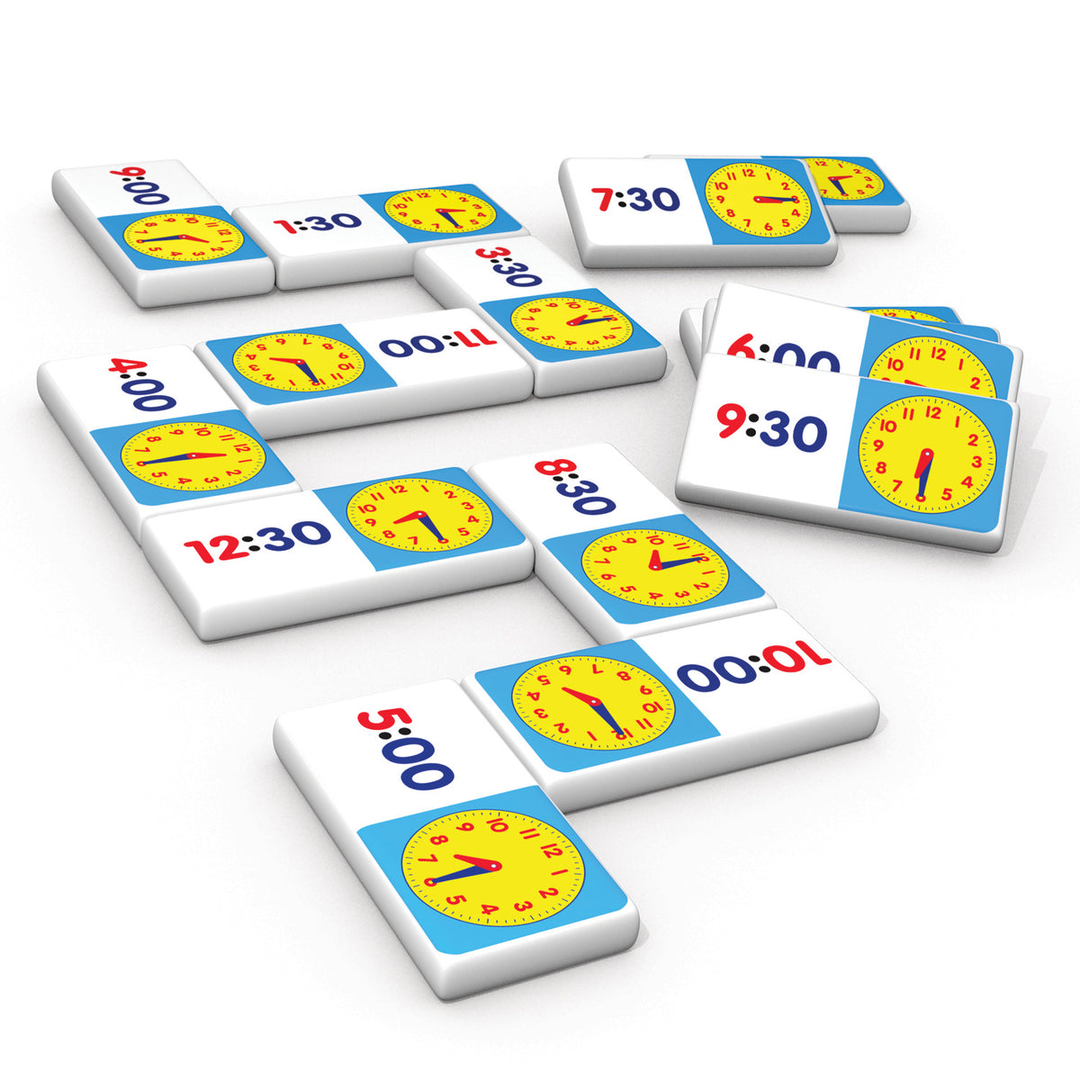 Junior Learning Time Dominoes 28-piece matching game with yellow clocks and digital time displays