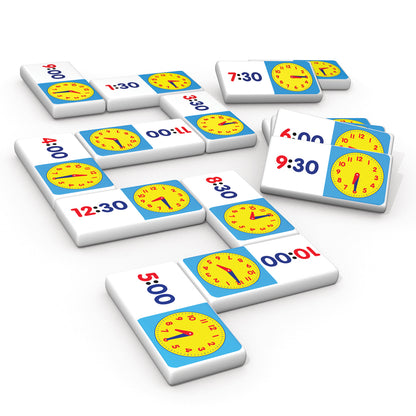 Junior Learning Time Dominoes 28-piece matching game with yellow clocks and digital time displays