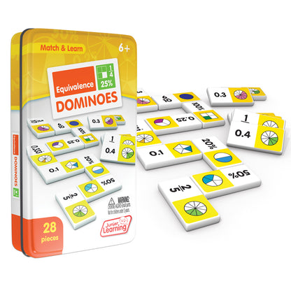 Junior Learning Equivalence Dominoes 28-piece matching game in yellow tin, teaching fractions and percentages