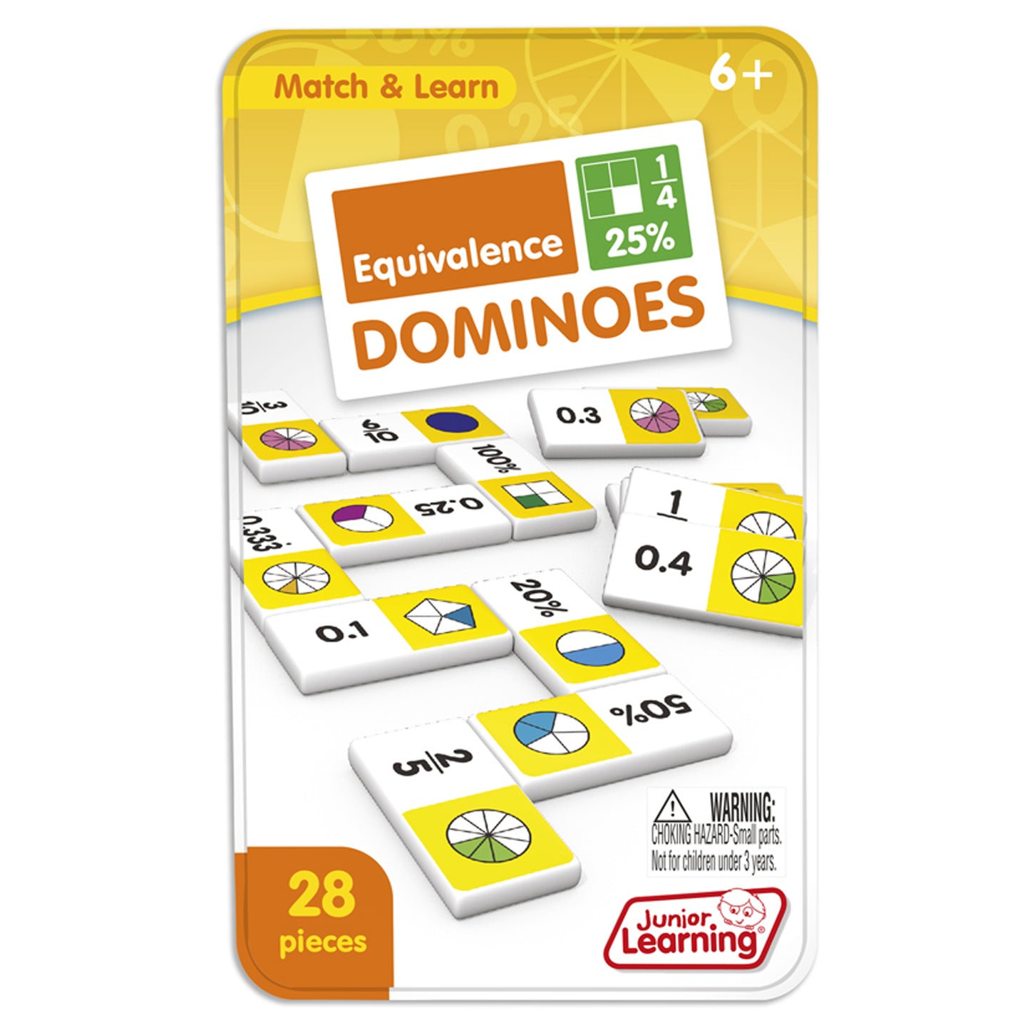 Junior Learning Equivalence Dominoes 28-piece matching game with yellow and white tiles showing fractions, decimals, ...