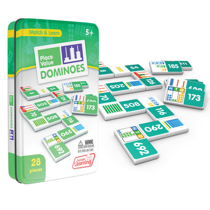 Place Value Dominoes 28-piece set with green and teal dominoes displaying numbers and place value illustrations arran...