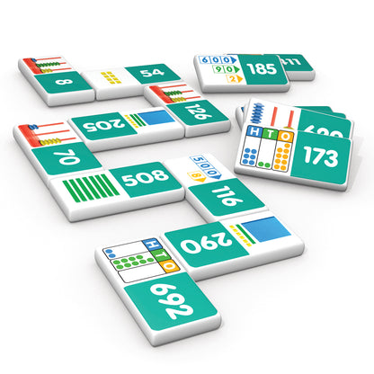 Place Value Dominoes set with teal and white dominoes displaying numbers and place value representations in a scatter...