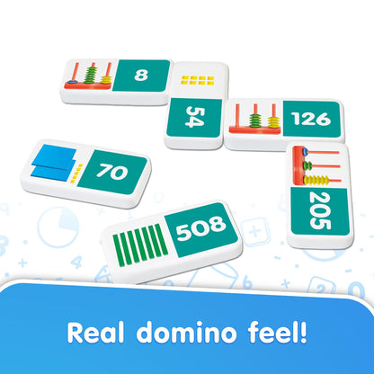 Place Value Dominoes set with numbered tiles showing place value representations in teal, yellow, and red