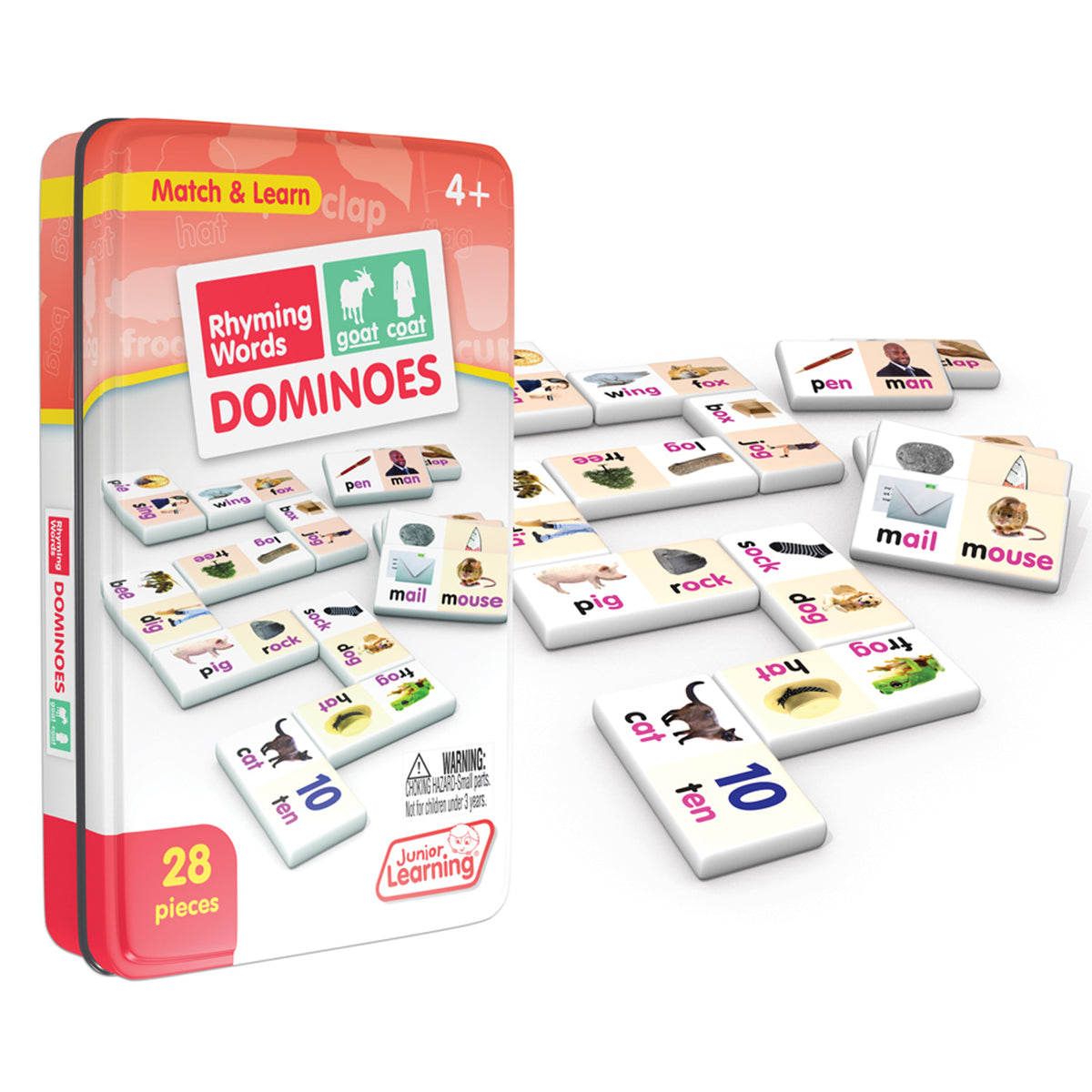 Rhyming Words Dominoes 28-piece game set in red collector's tin with educational word and picture tiles