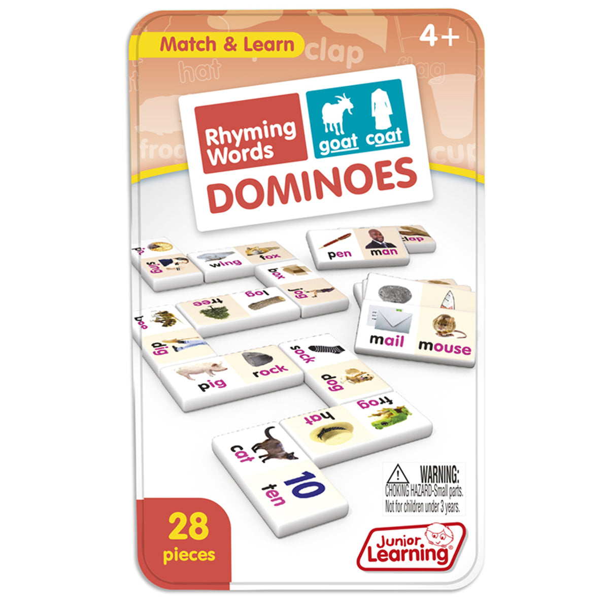 Rhyming Words Dominoes 28-piece game set by Junior Learning, featuring colorful tiles with rhyming word pairs and ima...