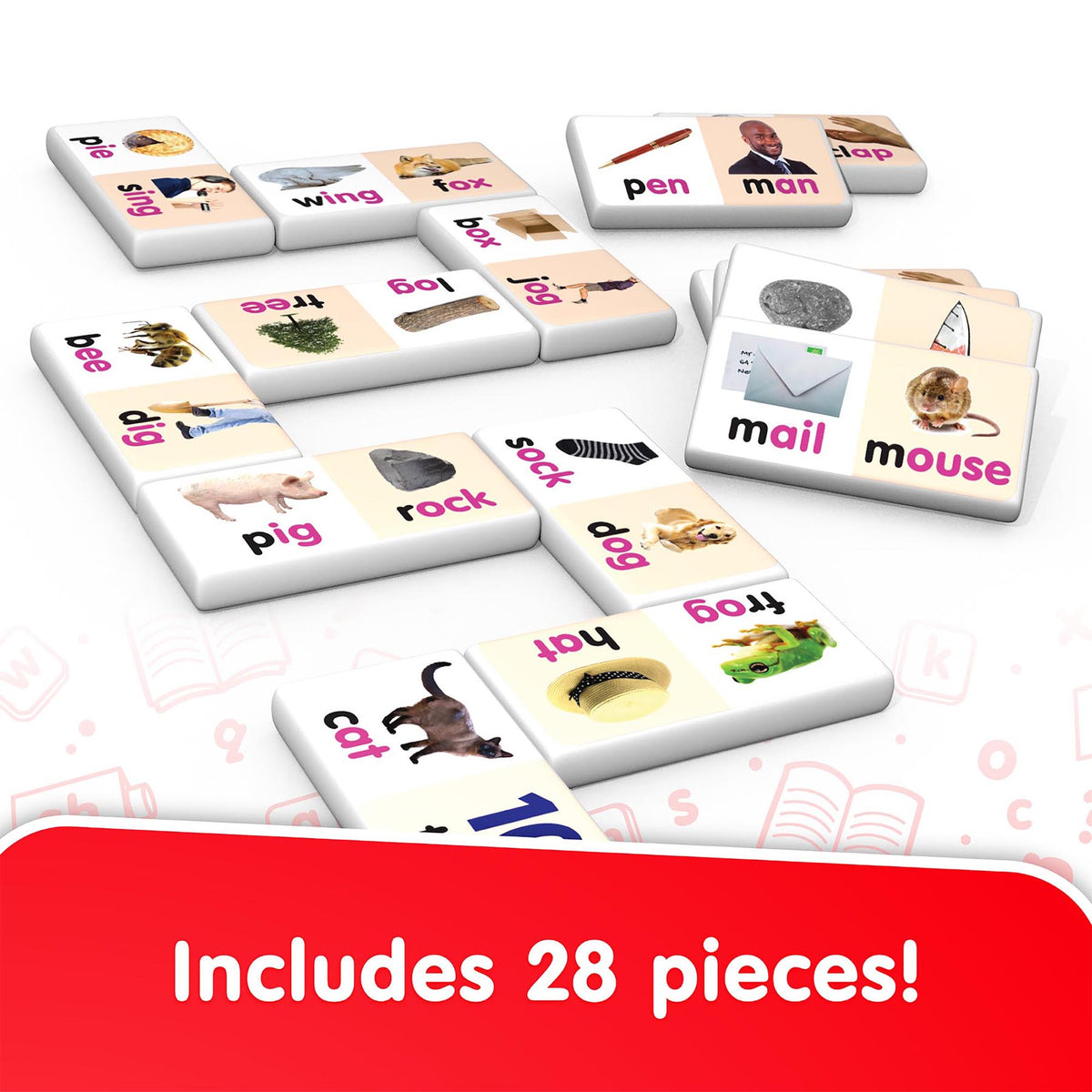Rhyming Words Dominoes 28-piece game set with colorful tiles showing images and words, displayed with collector's tin