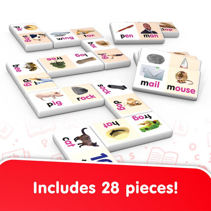 Rhyming Words Dominoes 28-piece game set with colorful tiles showing images and words, displayed with collector's tin