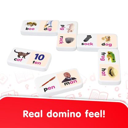 Rhyming Words Dominoes 28-Piece Game Set with colorful tiles featuring animals, objects, and words in collector's tin