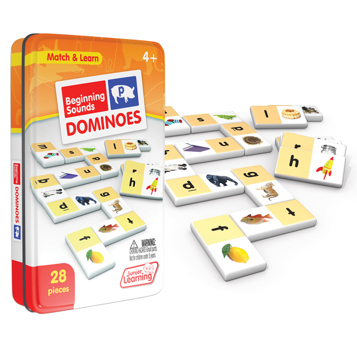 Beginning Sounds Dominoes 28-piece phonics matching game with yellow and white tiles featuring letters and pictures