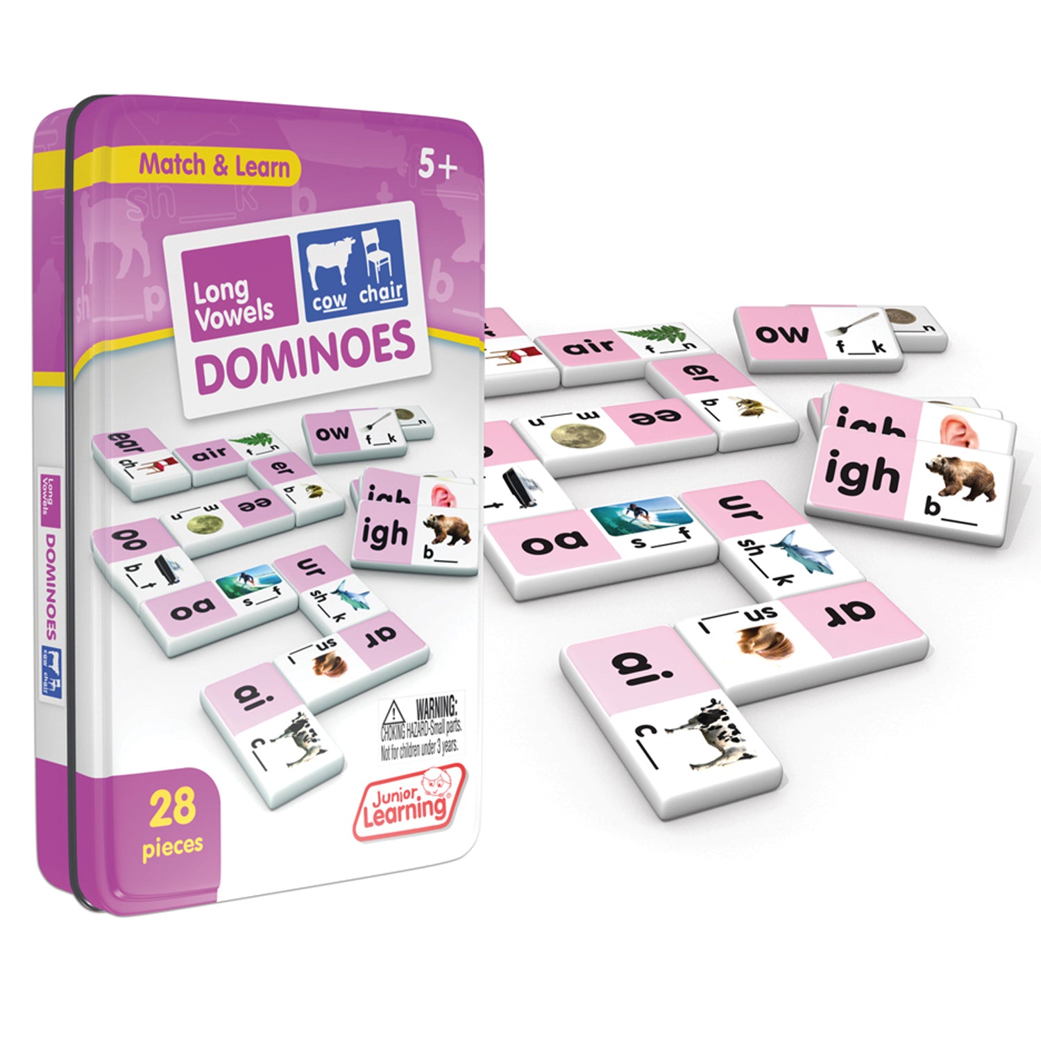 Long Vowel Dominoes 28-piece matching game with pink and white tiles in storage tin