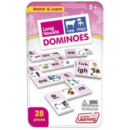 Long Vowels Dominoes 28-piece matching game with pink and white tiles featuring vowel sounds and pictures