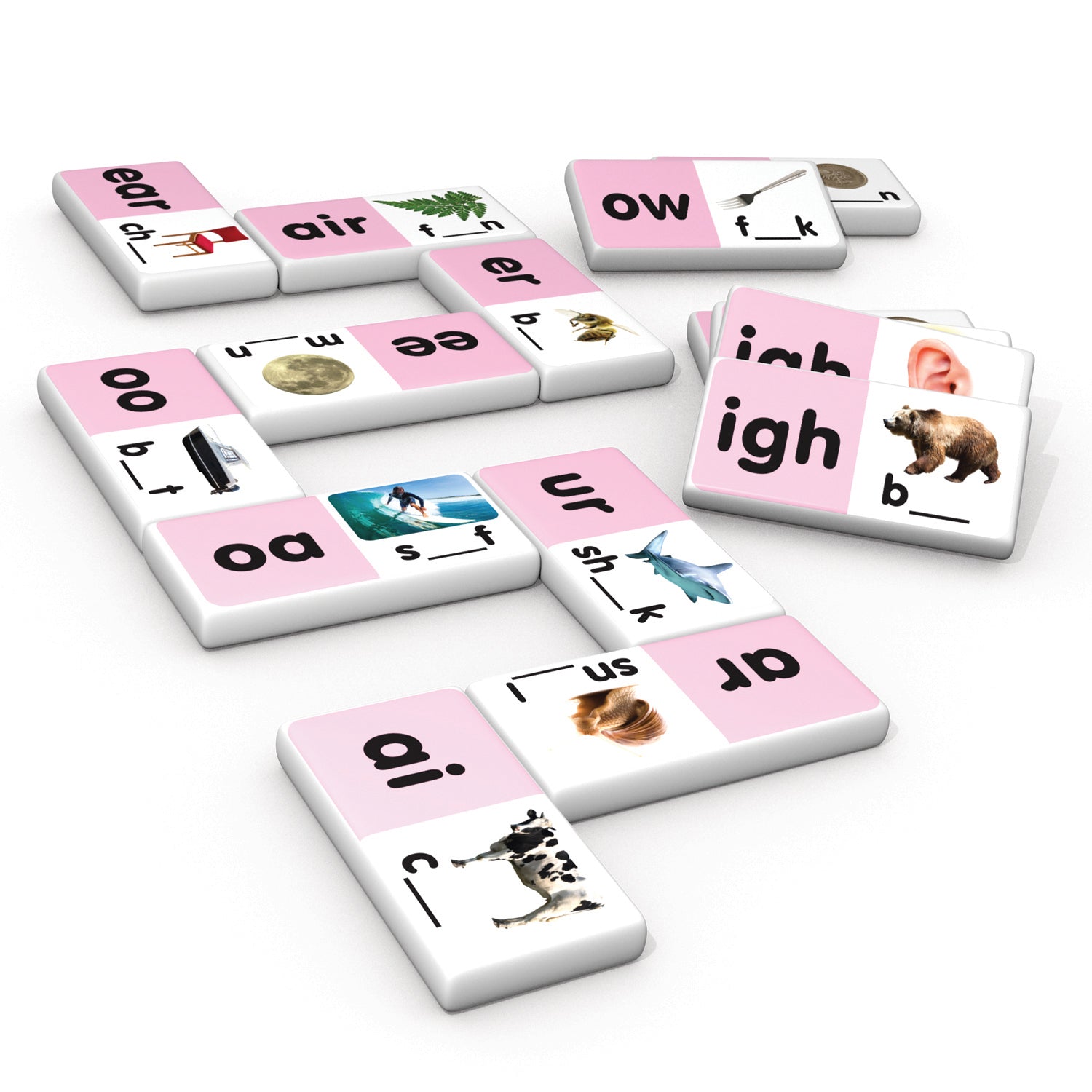 Long Vowel Dominoes 28-piece matching game with pink and white tiles featuring vowel sounds and picture cards