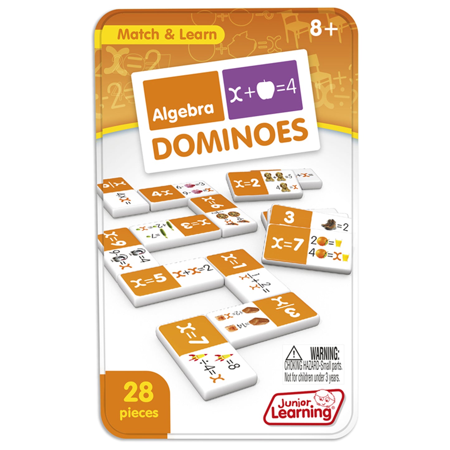 Junior Learning Algebra Dominoes 28-piece matching game with orange and white tiles featuring equations and visual le...